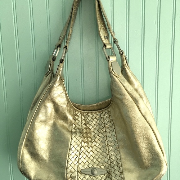 Elliott Luca Carvela Gold Woven Triple compartment satchel hobo purse - Picture 2 of 5